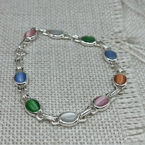 Stunning Vintage Sterling Silver Chainlink Bracelet with Multicolored Cabochons - Picture 6 of 16